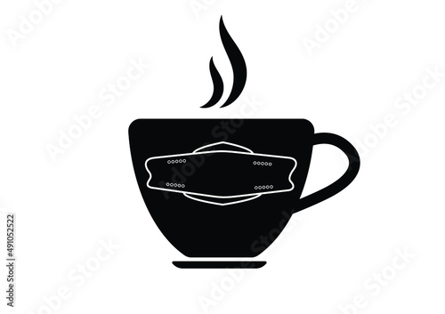 A black coffee mug with a saucer with a picture of a white mask on the front.