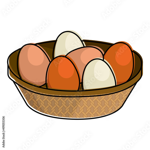 Easter eggs in wicker basket. Traditional food outline vector illustration