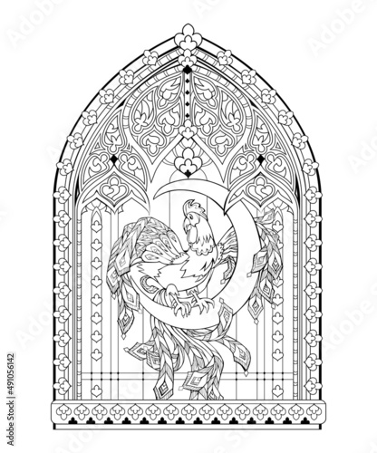Illustration of fantasy fairytale rooster in gothic stained glass window. Black and white drawing for coloring book. Medieval architecture. Worksheet for children and adults. Vector image.