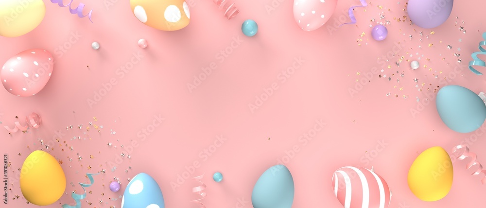 Colorful hand decorated Easter eggs with spring holiday pastel colors