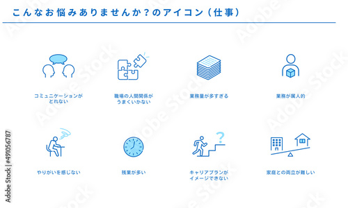 こんなお悩みありませんか？の仕事アイコンセット、ベクター