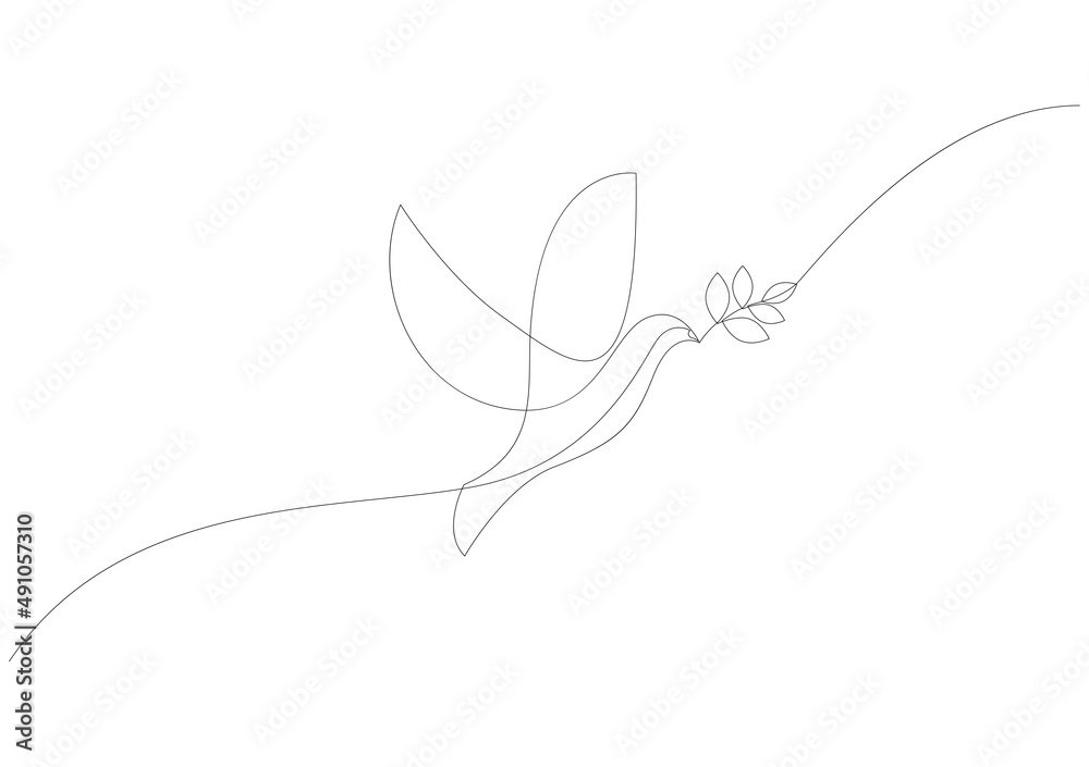 Continuous line concept sketch drawing of dove with olive branch. Peace symbol. Vector illustration - obrazy, fototapety, plakaty 