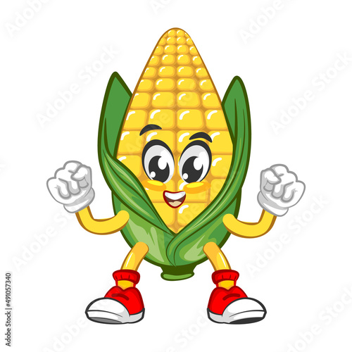 Cute healthy corn character. Vector hand drawn cartoon kawaii mascot illustration icon. Isolated on white background. Corn character concept