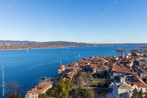 Aerial view of the town of Arona (Piedmont, Italy). The city of Arona is one of the most famous towns of Lake Maggiore.