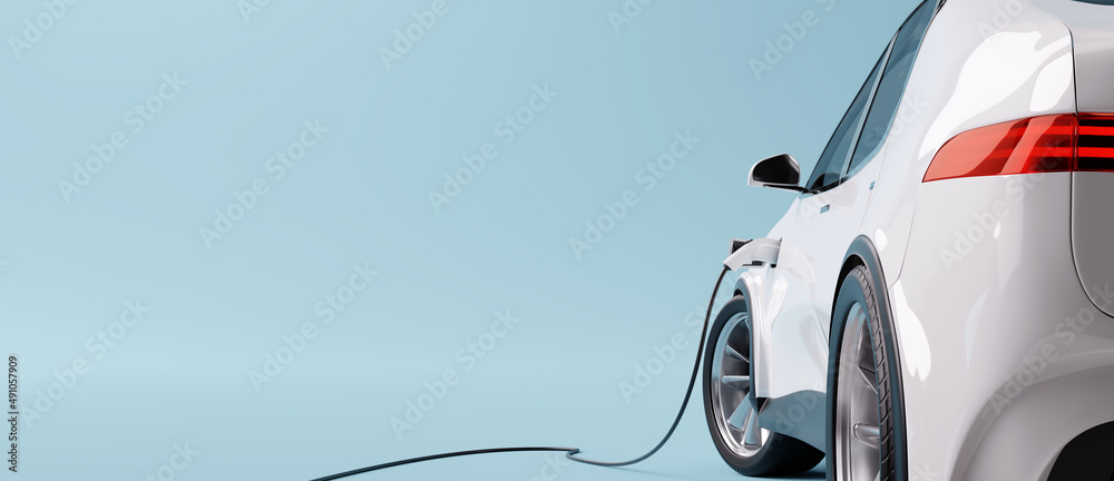 E-mobility, electric car charging battery on blue background. 3d rendering - obrazy, fototapety, plakaty 