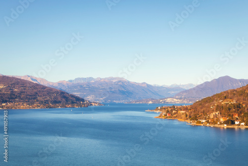 Aerial view of Lake Maggiore, Italy. Lake Maggiore is one of the most important lake in northern Italy.
