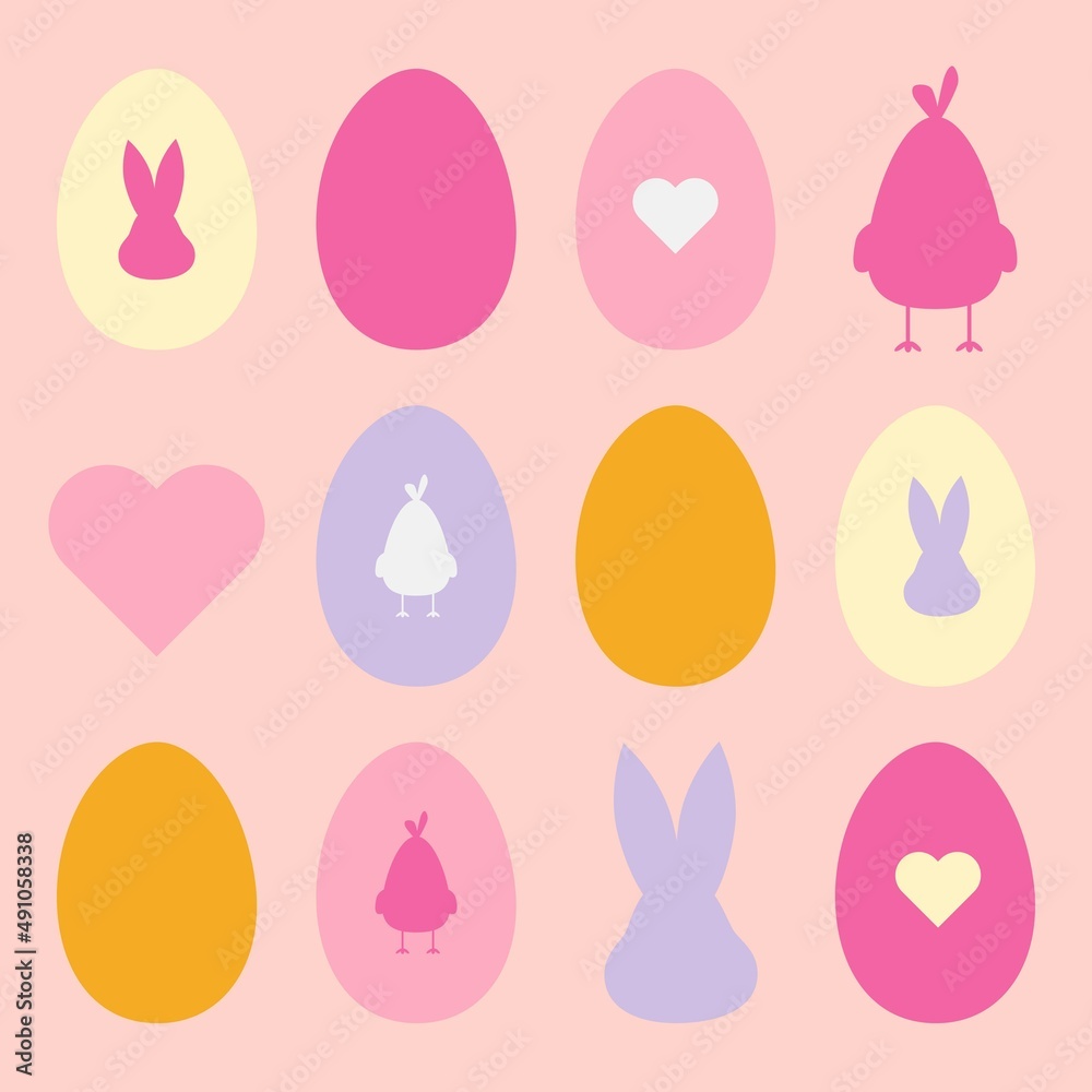 Cute Easter eggs pattern, minimalistic shapes of egg, chick, bunny and heart, set of isolated vector icons Cute Easter eggs pattern, minimalistic shapes of egg, chick, bunny and heart, set of isolated vector icons