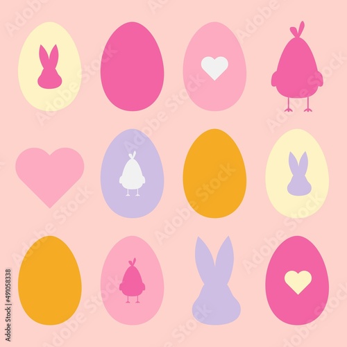 Cute Easter eggs pattern, minimalistic shapes of egg, chick, bunny and heart, set of isolated vector icons