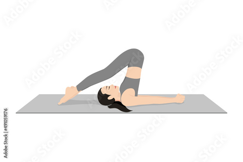 Plough Pose. Beautiful girl practice  Halasana. Young attractive woman practicing yoga exercise. working out, black wearing sportswear, grey pants and top, indoor full length, calmness and relax. photo