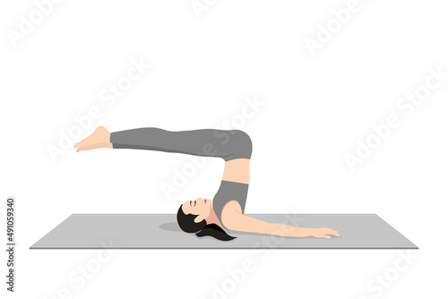 Unsupported Shoulderstand Pose Variation Prep. Beautiful girl practice Niralamba Sarvangasana Variation Prep. Young attractive woman practicing yoga exercise. working out, black wearing sportswear,
