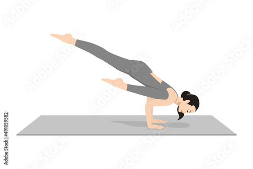 One Legged Crane Pose. Beautiful girl practice Eka Pada Bakasana. Young attractive woman practicing yoga exercise. working out, black wearing sportswear, grey pants and top, indoor full length