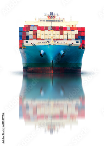 Container Cargo Ship and Tug boat isolated on white background, Freight Transportation and Logistic Concept, Shipping