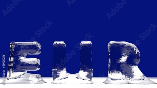 EUR word from melting ice letters for EURO currency rate reduction concept with copy space. 3d Rendering - Illustration