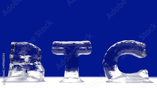 BTC word from melting ice letters for BITCOIN crypto currency price reduction concept with copy space. 3d Rendering - Illustration