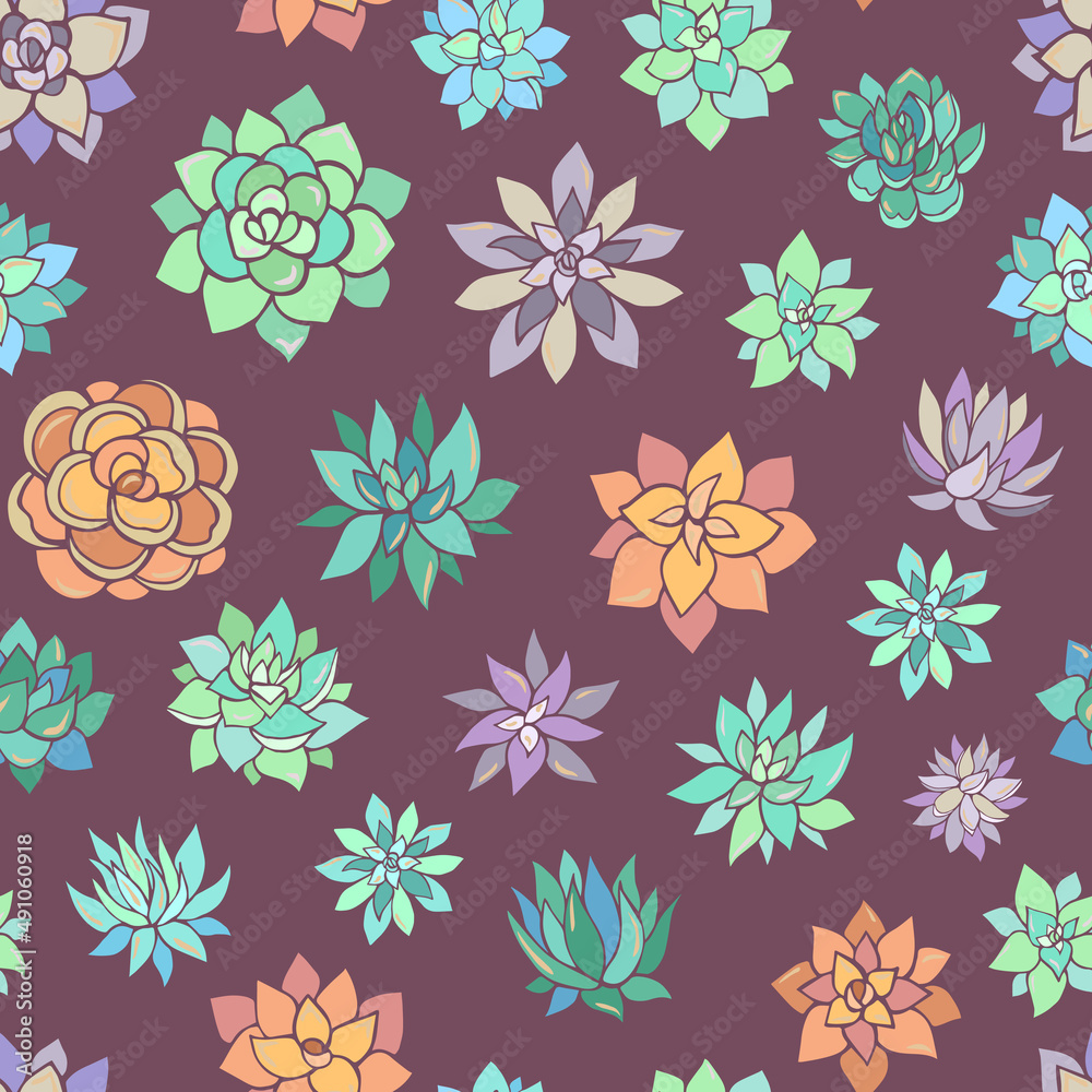Seamless vector pattern of succulents. Background for greeting card, website, printing on fabric, gift wrap, postcard and wallpapers.
Seamless vector pattern of succulents. Background for greeting card, website, printing on fabric, gift wrap, postcard and wallpapers.