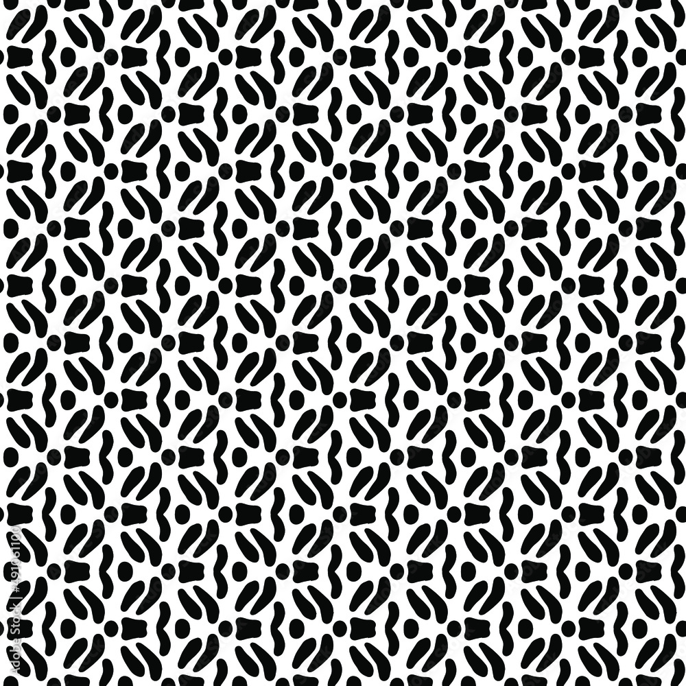 tile with leaves and abstract ornaments of black color on a white background, vector seamles pattern
