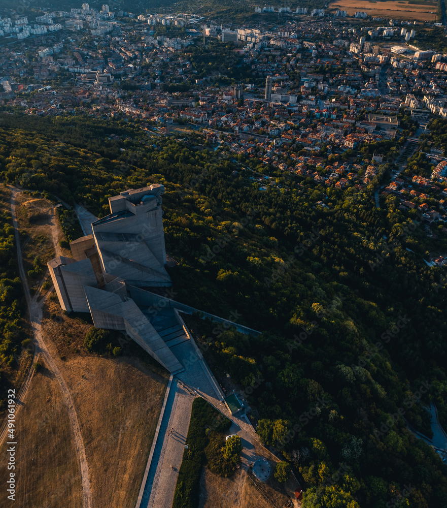 Aerial view ofThe Monument to 1300 Years of Bulgaria, also known as the