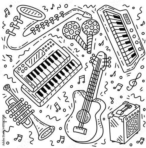 Music jazz instruments vector set. Electric guitar, saxophone, trumpet, Doodle flat illustration isolated on white background for coloring books
