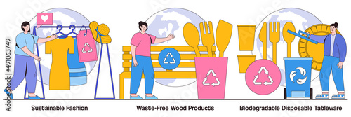 Sustainable Fashion, Waste-Free Wood Products, and Biodegradable Disposable Tableware Illustrated Pack