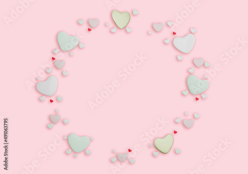 Element heart shape cycle frame for a gift card and background valentine day. Concept of love day 3D rendering illustration.