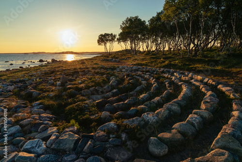 View of the stone labyrinth on the shore of the White Sea on a sunny summer day  Solovetsky Island  Arkhangelsk region  Russia