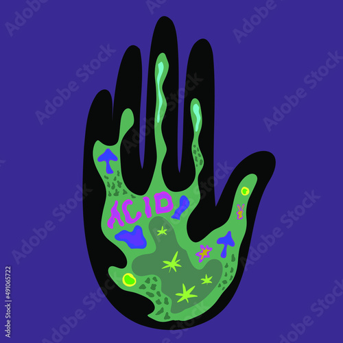 Hand palm acid style neon mushroom 