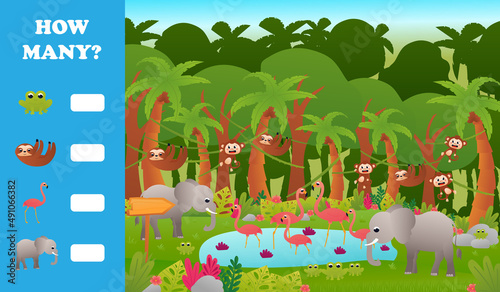 Printable educational worksheet for kids with how many puzzle, tropical jungle animals wildlife with cute flamingo