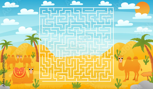 Printable educational worksheet for kids with labyrinth puzzle, safari desert animals wildlife with cute camel family