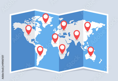 World travel map. World map with point markers. Vector illustration.