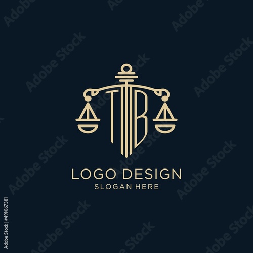 Initial TB logo with shield and scales of justice, luxury and modern law firm logo design