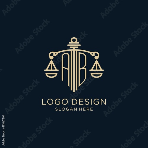 Initial AB logo with shield and scales of justice, luxury and modern law firm logo design