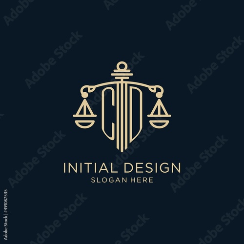 Initial CD logo with shield and scales of justice, luxury and modern law firm logo design