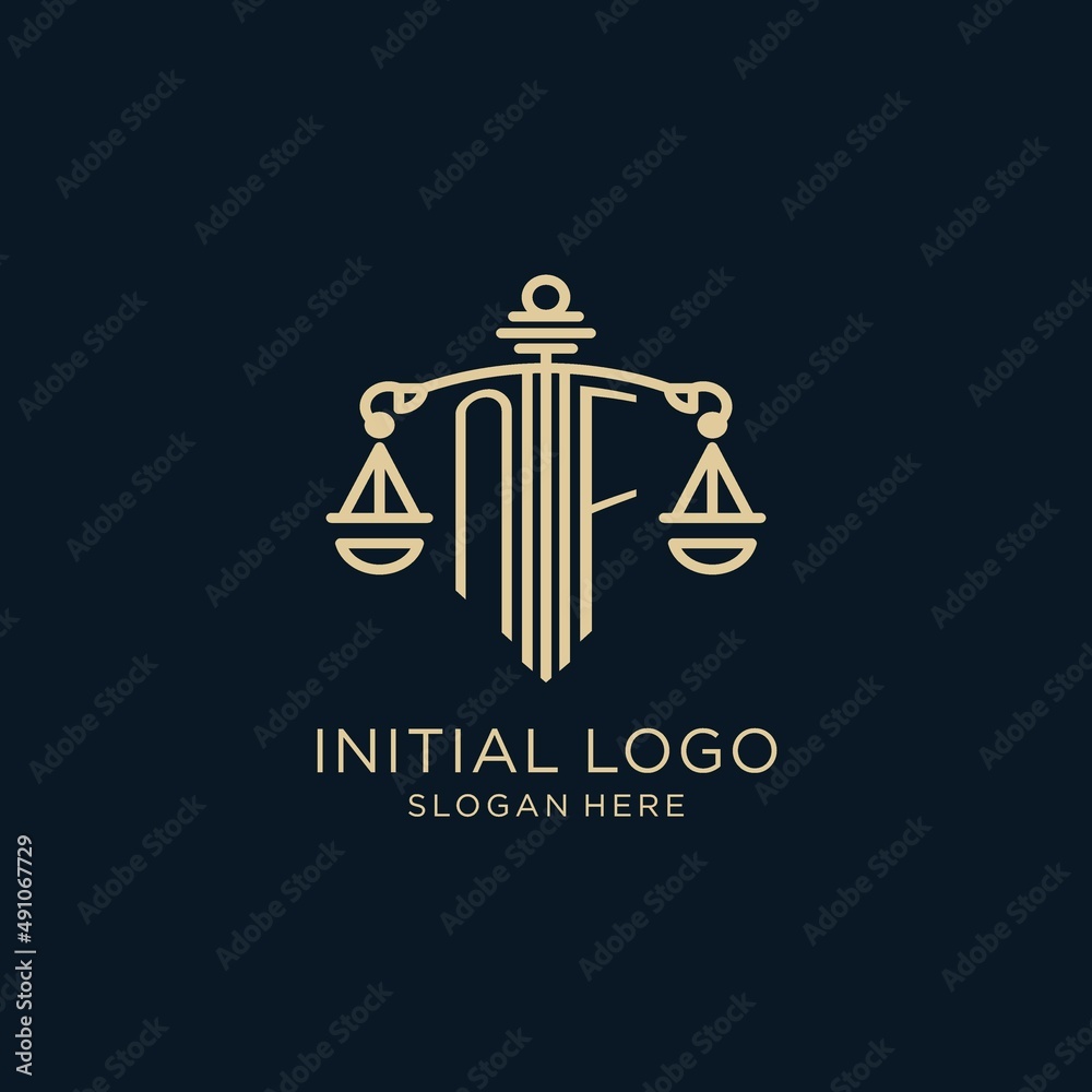 Initial NF logo with shield and scales of justice, luxury and modern ...