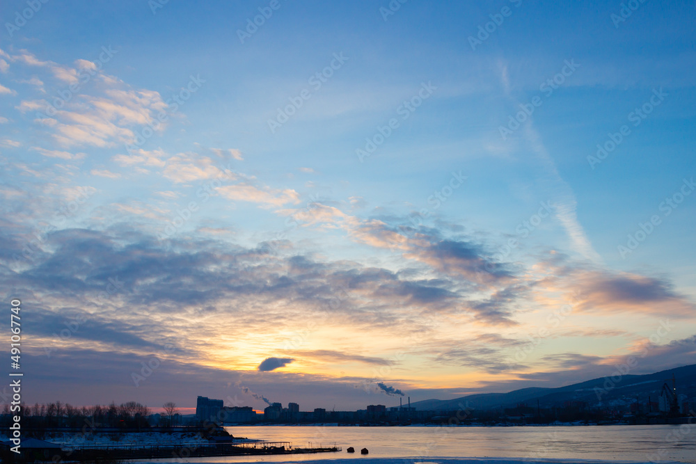 Winter landscape of the Yenisei river to Krasnoyarsk at dawn Winter landscape of the Yenisei river to Krasnoyarsk at dawn