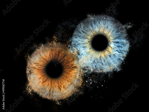 Two human eyes collision on black background