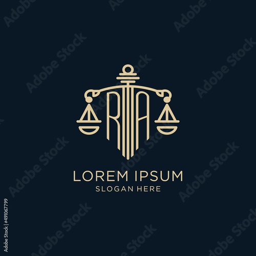 Initial RA logo with shield and scales of justice, luxury and modern law firm logo design