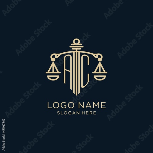 Initial AC logo with shield and scales of justice, luxury and modern law firm logo design