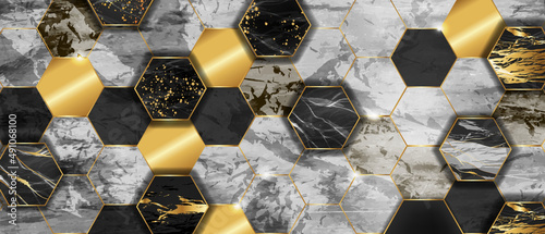 Marble hexagon tile background, glitter decoration, golden vector stone texture abstract wallpaper. Black honeycomb wall print, mosaic elegant geometric backdrop. Architecture hexagon marble wall