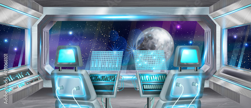 Space ship rocket cockpit interior, computer control panel, astronaut pilot chair vector background. Spacecraft shuttle room, console monitor, moon planet window futuristic cabin view. Space cockpit © Oleksandra
