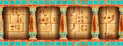 Egypt temple background, vector seamless pyramid tomb wall, stone pillar, clay bricks, gods silhouette. Game ancient palace scene, hieroglyphics mural signs, Anubis engraving. Egypt temple border