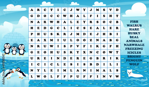 Educational word search game for kids with arctic animals, seal, penguins and polar bear, puffin