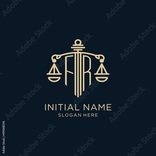 Initial FR logo with shield and scales of justice, luxury and modern law firm logo design