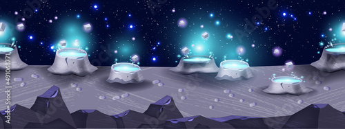 Moon planet landscape, vector game space seamless background, alien cartoon ground surface, stone. Rock crater, shiny neon flare night star sky, fantastic cosmic futuristic land. Planet landscape view