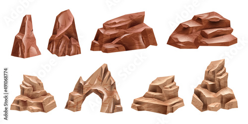 Desert rock vector set, Mexico eroded nature boulder isolated on white, cartoon stone canyon arc. Drought environment game object, west raw terrain formation, Mars dry cracked cliff kit. Desert rock