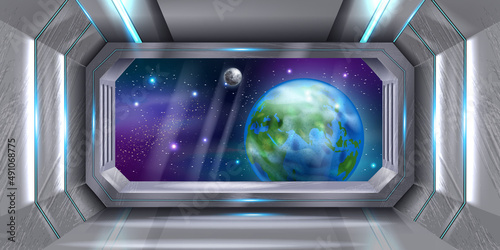 Foto Space ship interior, vector spacecraft window view, shuttle cockpit galaxy background, Earth planet
