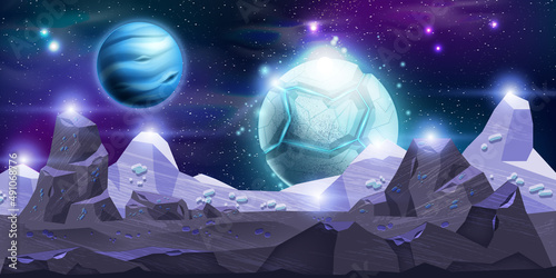 Alien planet space landscape, vector galaxy universe game background, ice moon, night sky, stars. Purple rock surface, cosmic stone, fantastic neon wallpaper, asteroid ground. Alien planet banner