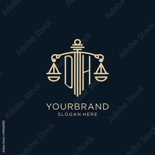 Initial DH logo with shield and scales of justice, luxury and modern law firm logo design