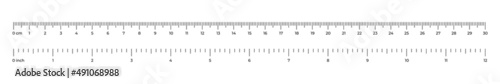 Vector illustration of tape ruler 30 cm and 12 inches isolated on white background. Measure instrument lines in flat style. Horizontal measuring scale. Markup for rulers. Bar level meter template.