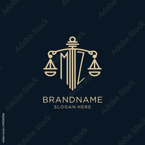 Initial MZ logo with shield and scales of justice, luxury and modern law firm logo design