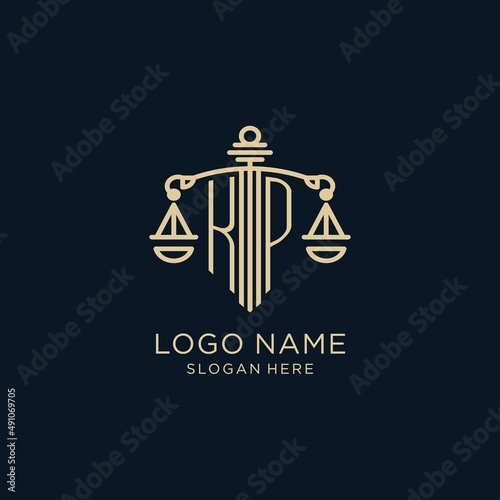 Initial KP logo with shield and scales of justice, luxury and modern law firm logo design